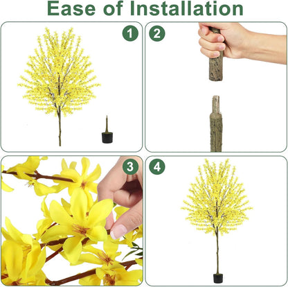 6Ft Tall Artificial Forsythia Tree, Fake Tree Faux Silk Plant with Plastic Nursery Pot,Artificial Plants for Home Office Indoor Decor(Yellow)