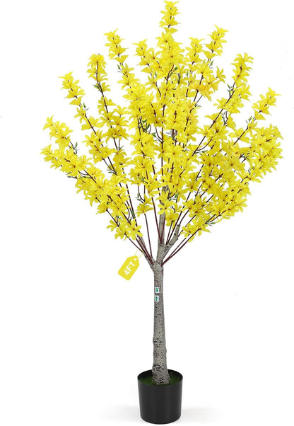 6Ft Tall Artificial Forsythia Tree, Fake Tree Faux Silk Plant with Plastic Nursery Pot,Artificial Plants for Home Office Indoor Decor(Yellow)