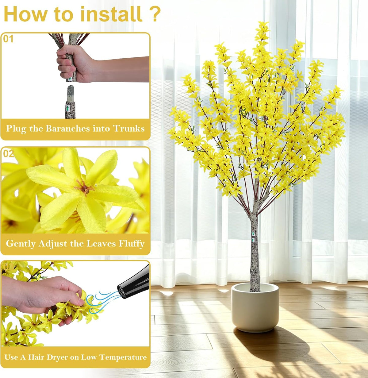 6Ft Tall Artificial Forsythia Tree, Fake Tree Faux Silk Plant with Plastic Nursery Pot,Artificial Plants for Home Office Indoor Decor(Yellow)