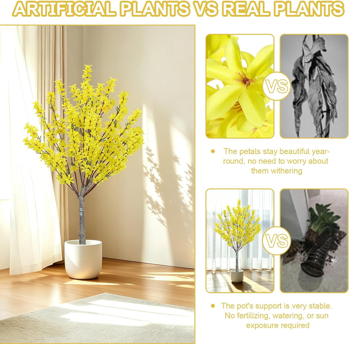 6Ft Tall Artificial Forsythia Tree, Fake Tree Faux Silk Plant with Plastic Nursery Pot,Artificial Plants for Home Office Indoor Decor(Yellow)