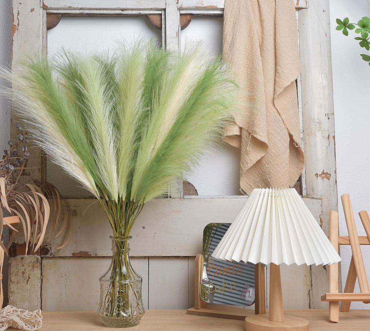 Green Pampas Grass Decor,23Inch Faux Pampas Grass Bouquets Artificial Pampas Fake Pampas Flower for Home Living Room Bedroom Vase Decor