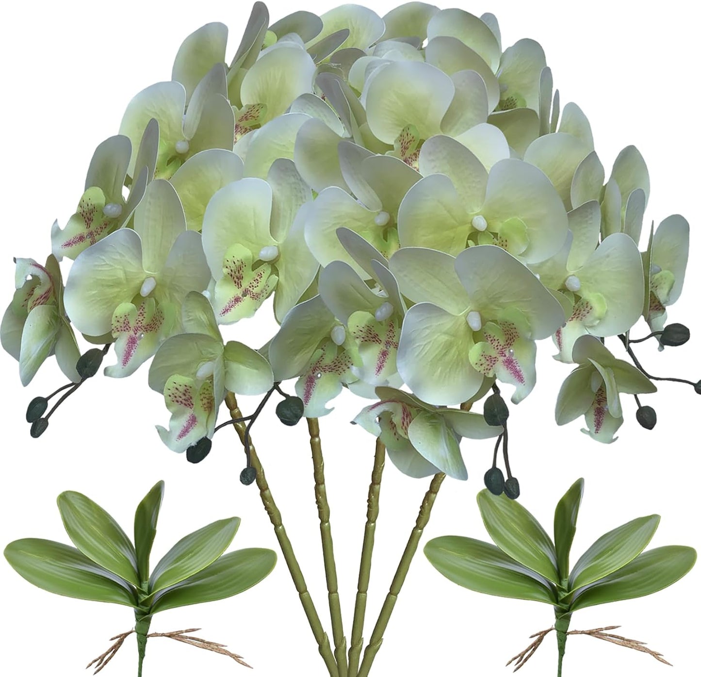 32 Inches Artificial Phalaenopsis Flowers 4 Pcs with 2 Bundles Leaves Artificial Orchid Flowers Stem Plants for Home Décor (White)