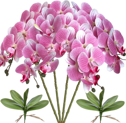32 Inches Artificial Phalaenopsis Flowers 4 Pcs with 2 Bundles Leaves Artificial Orchid Flowers Stem Plants for Home Décor (White)