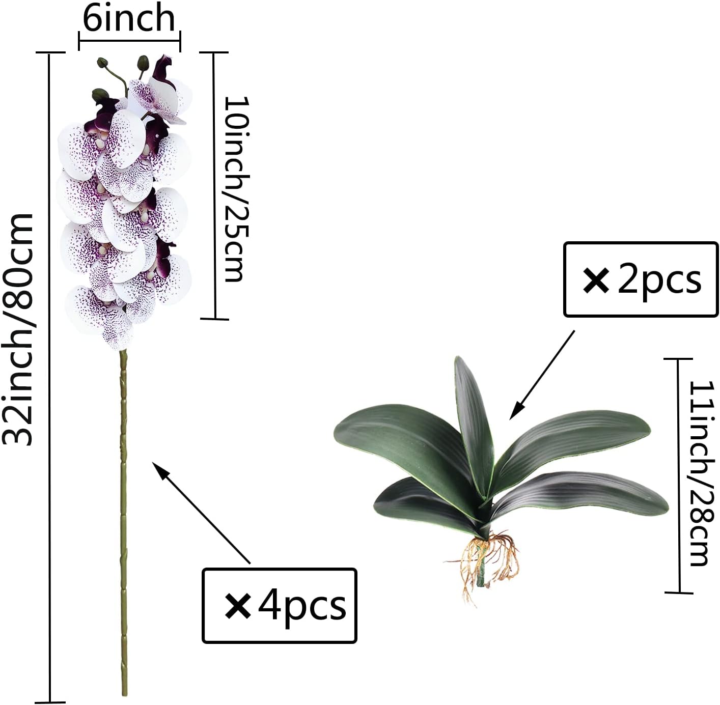 32 Inches Artificial Phalaenopsis Flowers 4 Pcs with 2 Bundles Leaves Artificial Orchid Flowers Stem Plants for Home Décor (White)