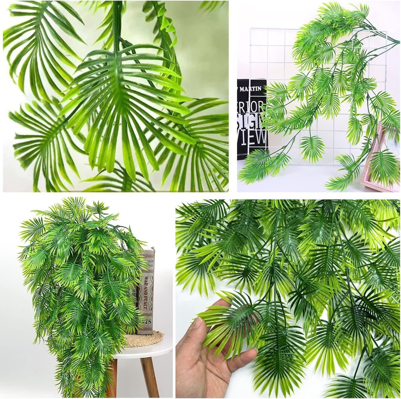 Artificial Weeping Willow Plants, Fake Hanging Vine Decor Plastic Greenery Leaves Faux Ivy for Indoor Outdoor Garden Door Wall DIY Basket Planter Filler Wedding Party Decoration Blackish Green 4 Pack