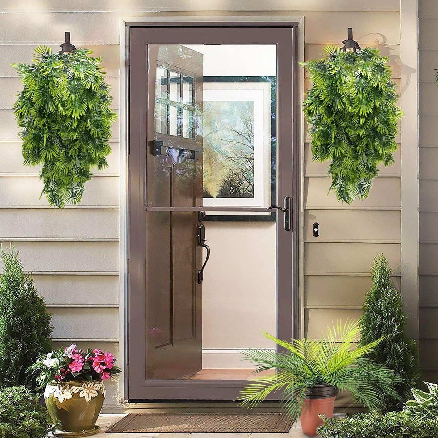 Artificial Weeping Willow Plants, Fake Hanging Vine Decor Plastic Greenery Leaves Faux Ivy for Indoor Outdoor Garden Door Wall DIY Basket Planter Filler Wedding Party Decoration Blackish Green 4 Pack