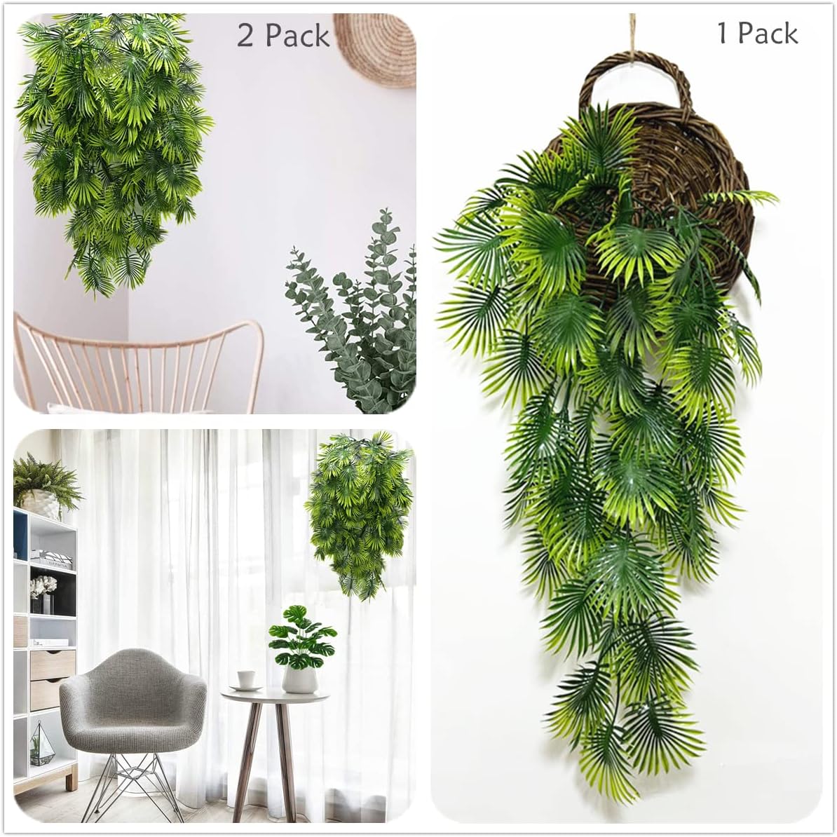 Artificial Weeping Willow Plants, Fake Hanging Vine Decor Plastic Greenery Leaves Faux Ivy for Indoor Outdoor Garden Door Wall DIY Basket Planter Filler Wedding Party Decoration Blackish Green 4 Pack