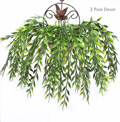 Artificial Weeping Willow Plants, Fake Hanging Vine Decor Plastic Greenery Leaves Faux Ivy for Indoor Outdoor Garden Door Wall DIY Basket Planter Filler Wedding Party Decoration Blackish Green 4 Pack