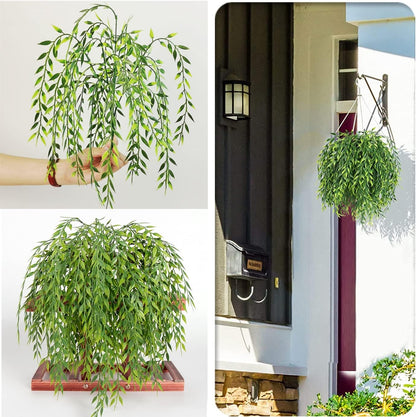 Artificial Weeping Willow Plants, Fake Hanging Vine Decor Plastic Greenery Leaves Faux Ivy for Indoor Outdoor Garden Door Wall DIY Basket Planter Filler Wedding Party Decoration Blackish Green 4 Pack