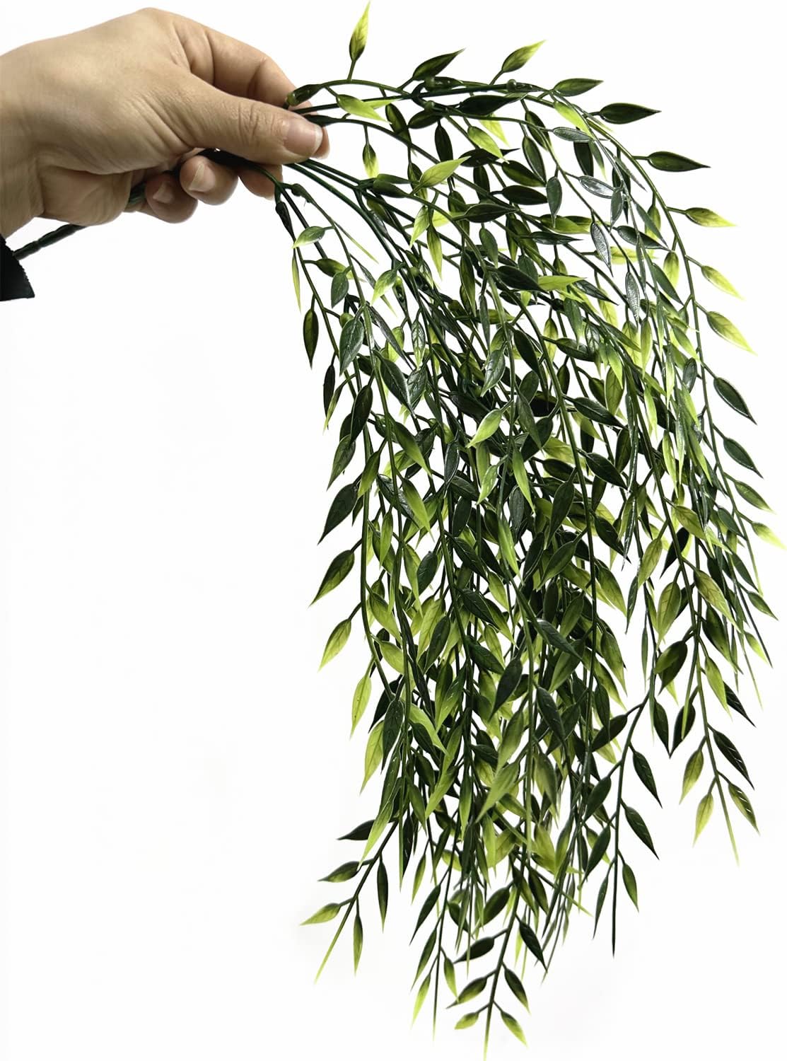Artificial Weeping Willow Plants, Fake Hanging Vine Decor Plastic Greenery Leaves Faux Ivy for Indoor Outdoor Garden Door Wall DIY Basket Planter Filler Wedding Party Decoration Blackish Green 4 Pack