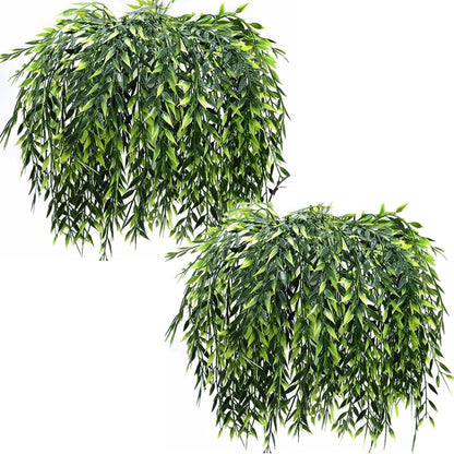 Artificial Weeping Willow Plants, Fake Hanging Vine Decor Plastic Greenery Leaves Faux Ivy for Indoor Outdoor Garden Door Wall DIY Basket Planter Filler Wedding Party Decoration Blackish Green 4 Pack