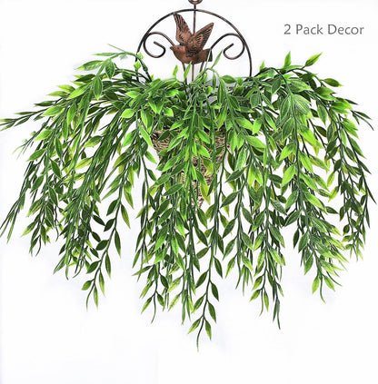 Artificial Weeping Willow Plants, Fake Hanging Vine Decor Plastic Greenery Leaves Faux Ivy for Indoor Outdoor Garden Door Wall DIY Basket Planter Filler Wedding Party Decoration Blackish Green 4 Pack
