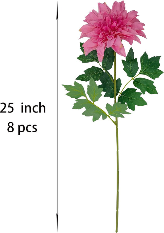 8Pcs Purple Pink Dahlia Artificial Flowers, 25" Fake Silk Dahlia Flower Bouquets for DIY Wedding Centerpieces Arrangements Bridal Shower Party Home Decorations（with Luxuriant Foliage）