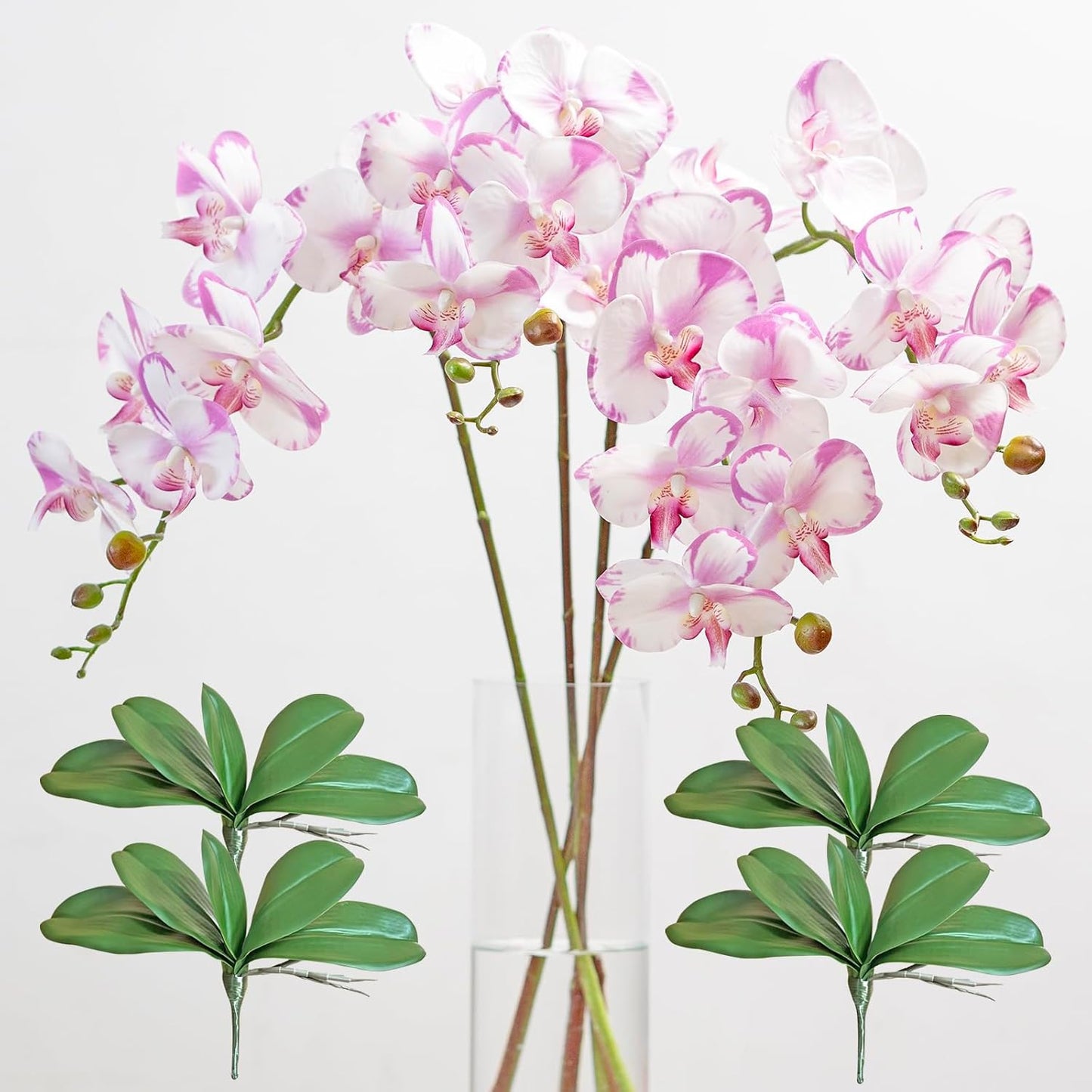 Artificial Orchid Plant, 35 Inch 4 Pcs Phalaenopsis Flowers with Leaves, Real Touch Orchid Stems for Home Decoration