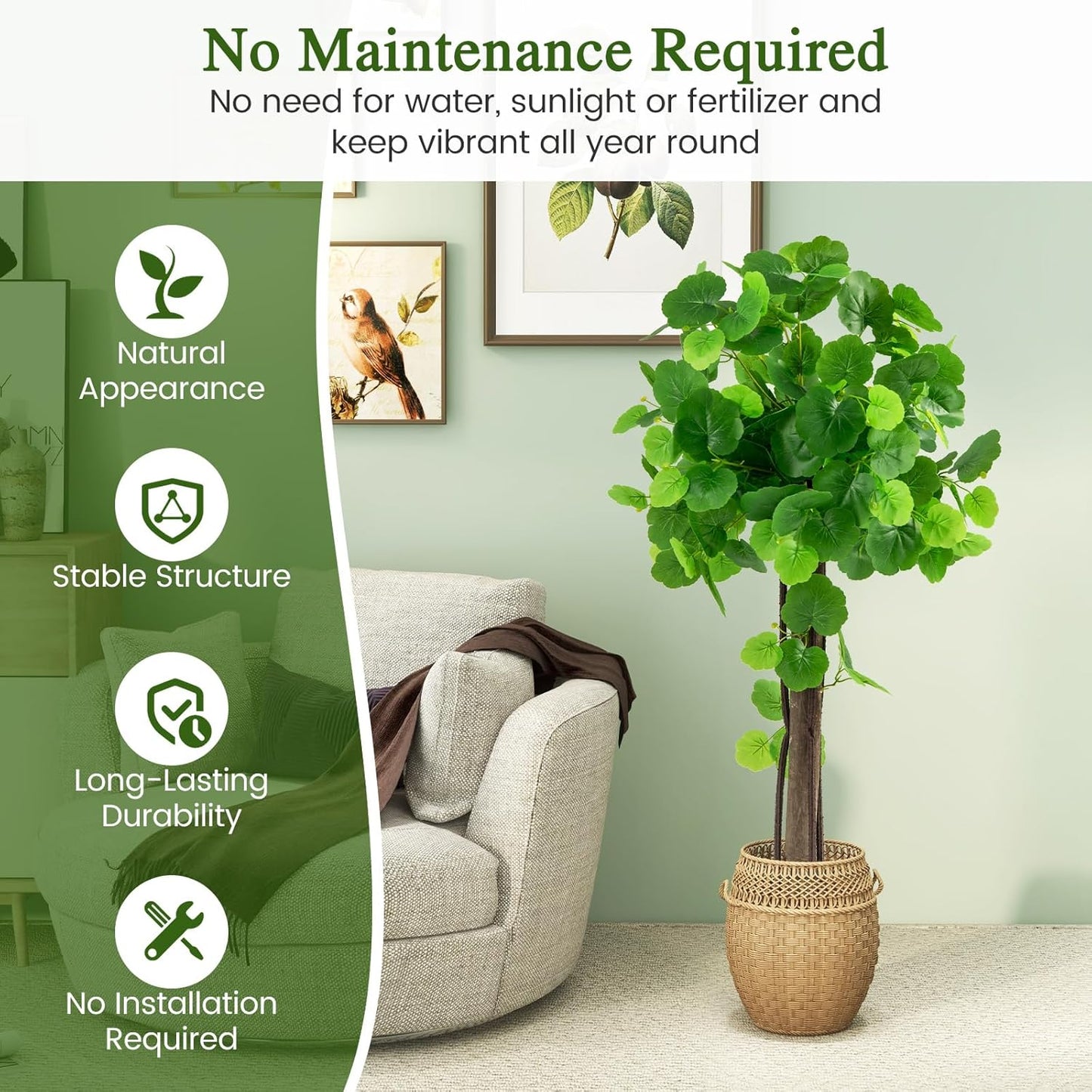 44” Artificial Crabapple Tree, Potted Fake Tree with Wood Trunk & PE rattans, Lush Mosses, Faux Greenery Plant in Pot with Adjustable Branches for Home Office Porch