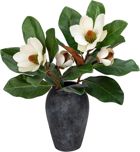Artificial Magnolia Floral Stems 2PCS 19.7'' Tall Faux Magnolia Silk Flowers Bouquet Fake Greenery Branches for Home Wedding Arrangements Table Vase Centerpieces Rustic Decor(Vase not Included)