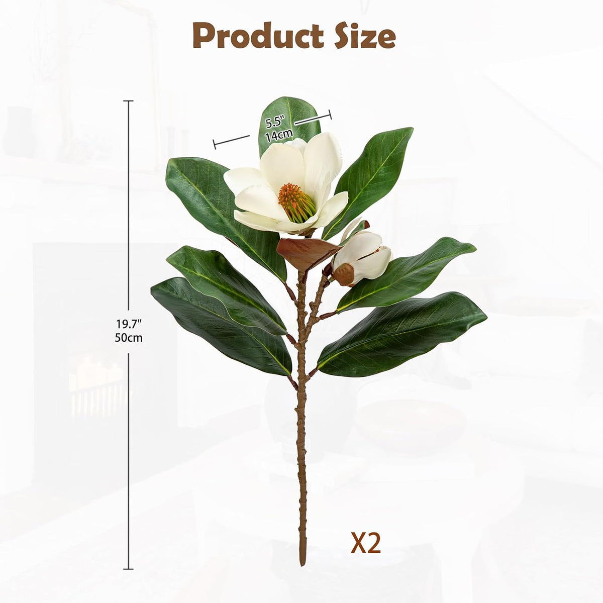 Artificial Magnolia Floral Stems 2PCS 19.7'' Tall Faux Magnolia Silk Flowers Bouquet Fake Greenery Branches for Home Wedding Arrangements Table Vase Centerpieces Rustic Decor(Vase not Included)