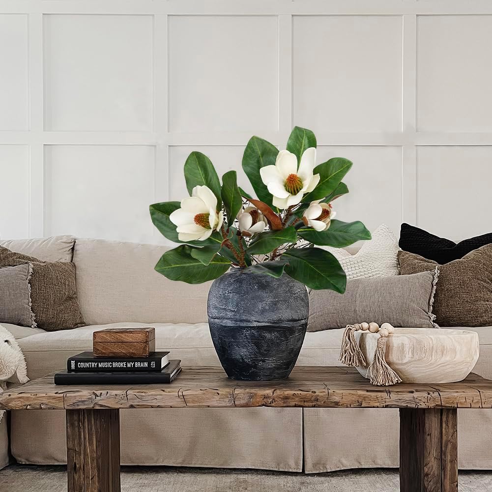 Artificial Magnolia Floral Stems 2PCS 19.7'' Tall Faux Magnolia Silk Flowers Bouquet Fake Greenery Branches for Home Wedding Arrangements Table Vase Centerpieces Rustic Decor(Vase not Included)