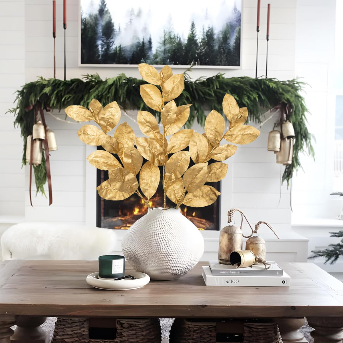 Artificial Magnolia Floral Stems 2PCS 19.7'' Tall Faux Magnolia Silk Flowers Bouquet Fake Greenery Branches for Home Wedding Arrangements Table Vase Centerpieces Rustic Decor(Vase not Included)