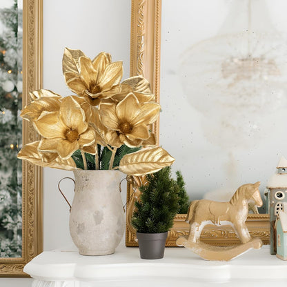 Artificial Magnolia Floral Stems 2PCS 19.7'' Tall Faux Magnolia Silk Flowers Bouquet Fake Greenery Branches for Home Wedding Arrangements Table Vase Centerpieces Rustic Decor(Vase not Included)