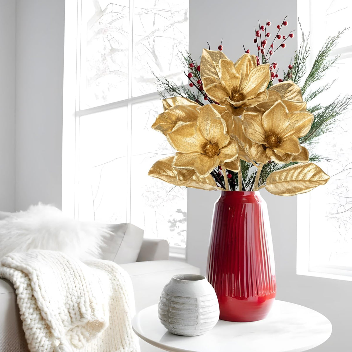 Artificial Magnolia Floral Stems 2PCS 19.7'' Tall Faux Magnolia Silk Flowers Bouquet Fake Greenery Branches for Home Wedding Arrangements Table Vase Centerpieces Rustic Decor(Vase not Included)