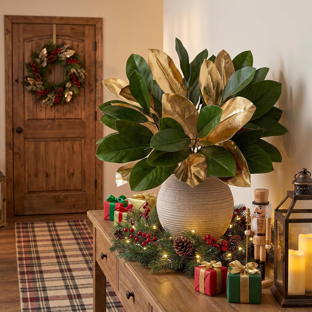 Artificial Magnolia Floral Stems 2PCS 19.7'' Tall Faux Magnolia Silk Flowers Bouquet Fake Greenery Branches for Home Wedding Arrangements Table Vase Centerpieces Rustic Decor(Vase not Included)