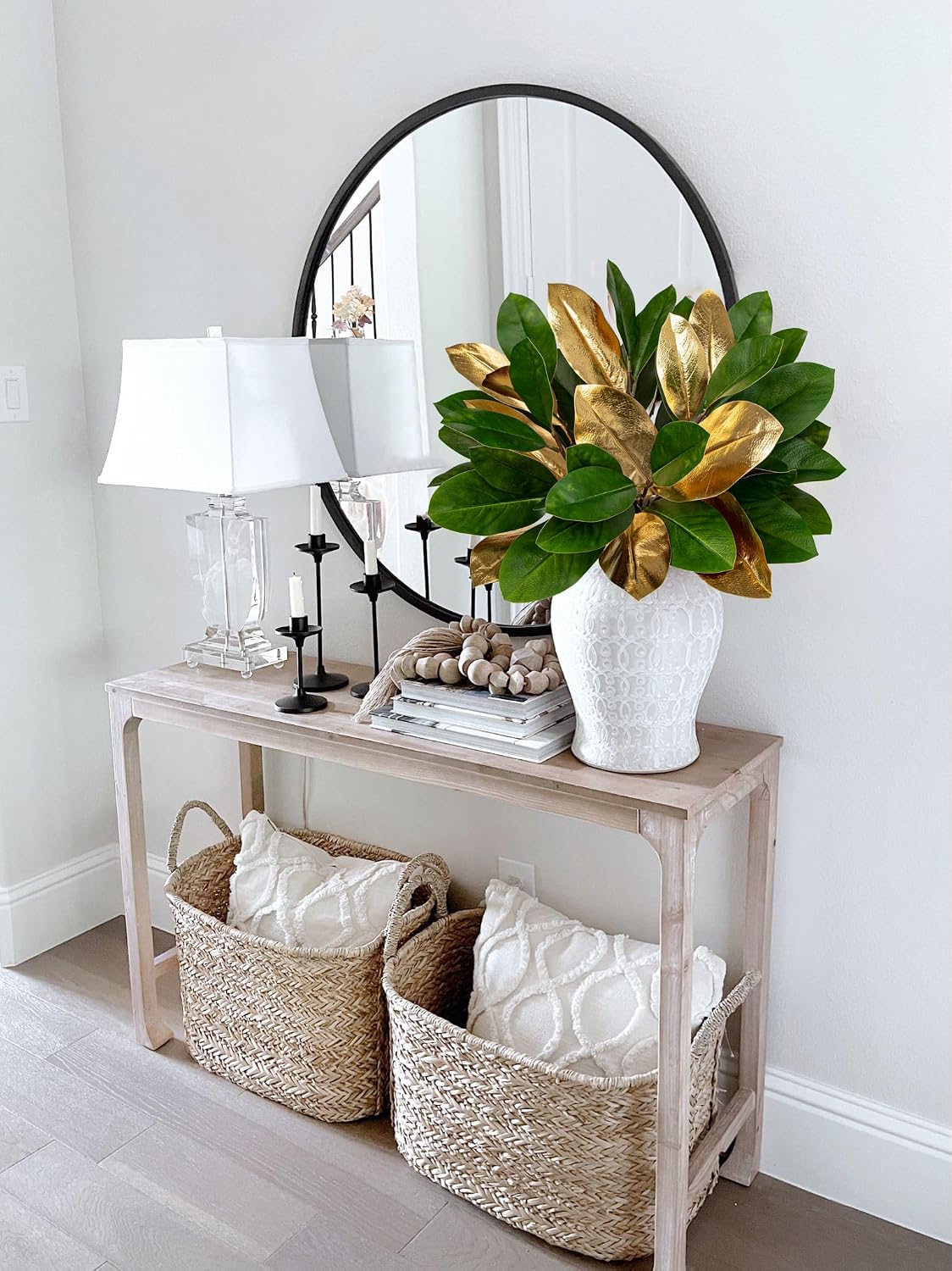 Artificial Magnolia Floral Stems 2PCS 19.7'' Tall Faux Magnolia Silk Flowers Bouquet Fake Greenery Branches for Home Wedding Arrangements Table Vase Centerpieces Rustic Decor(Vase not Included)