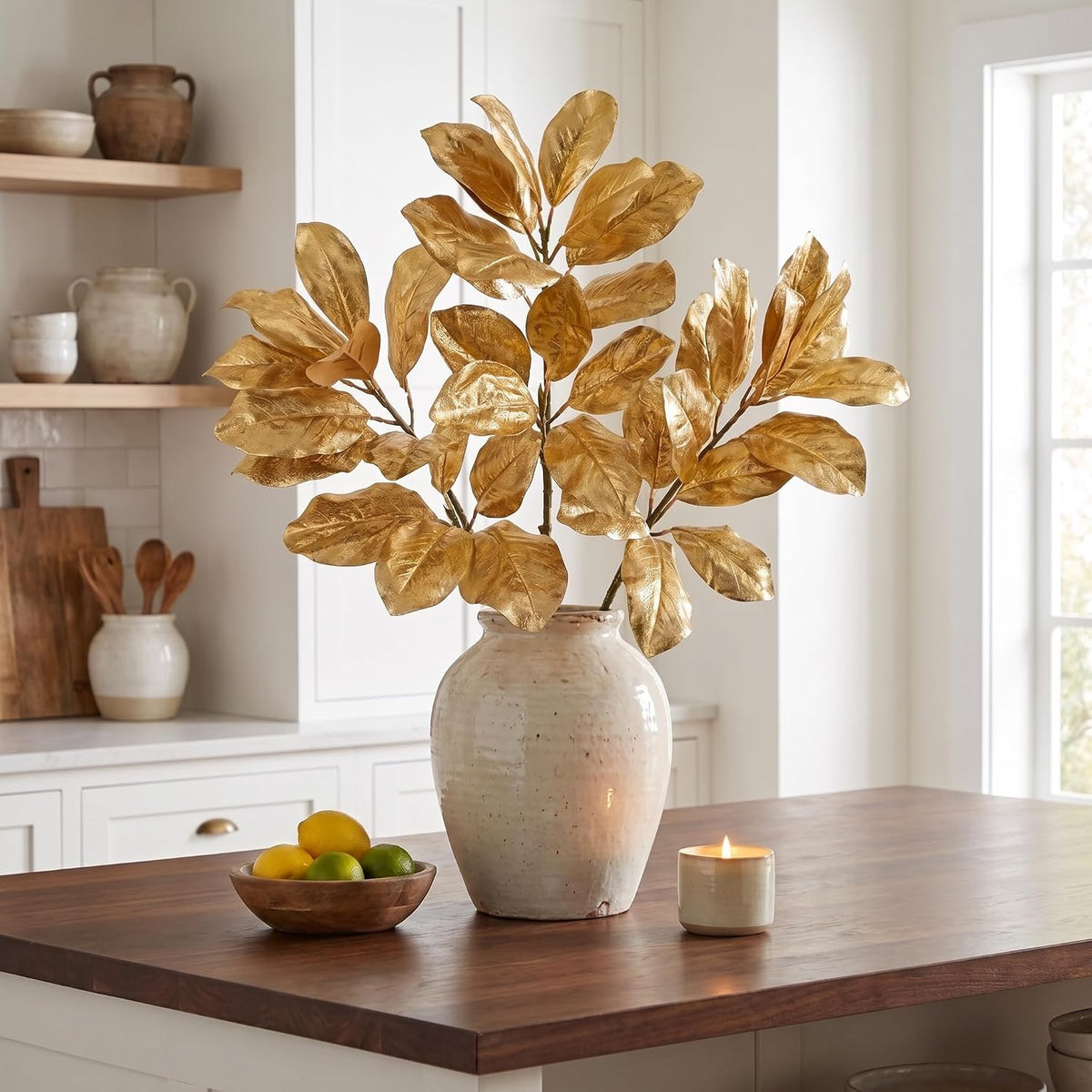 Artificial Magnolia Floral Stems 2PCS 19.7'' Tall Faux Magnolia Silk Flowers Bouquet Fake Greenery Branches for Home Wedding Arrangements Table Vase Centerpieces Rustic Decor(Vase not Included)