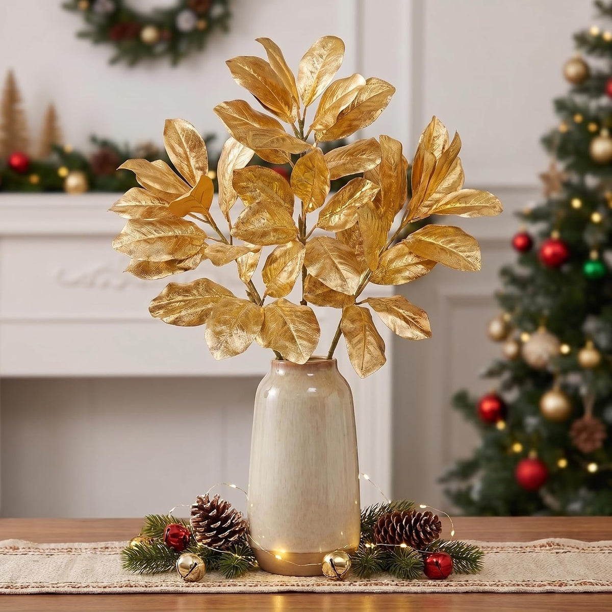 Artificial Magnolia Floral Stems 2PCS 19.7'' Tall Faux Magnolia Silk Flowers Bouquet Fake Greenery Branches for Home Wedding Arrangements Table Vase Centerpieces Rustic Decor(Vase not Included)