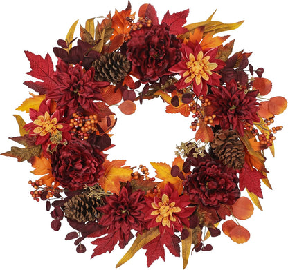 24" Artificial Fall Half Wreath for Front Door Autumn Wreath with Pumpkin Peony Eucalyptus Chrysanthemum and Ribbon for Halloween Thanksgiving Day Indoor Outdoor Farmhouse Window Wall Décor