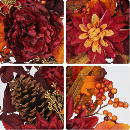 24" Artificial Fall Half Wreath for Front Door Autumn Wreath with Pumpkin Peony Eucalyptus Chrysanthemum and Ribbon for Halloween Thanksgiving Day Indoor Outdoor Farmhouse Window Wall Décor