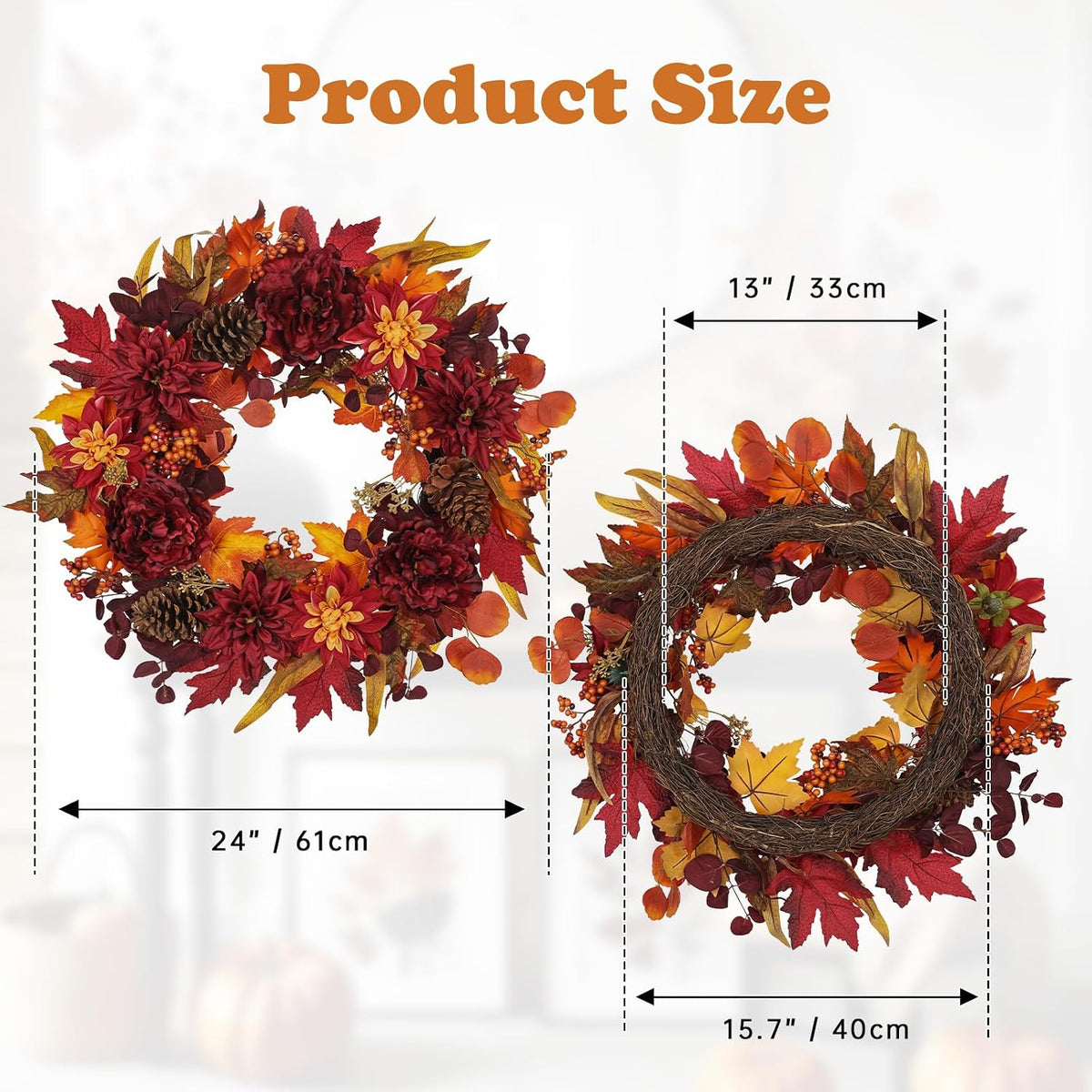 24" Artificial Fall Half Wreath for Front Door Autumn Wreath with Pumpkin Peony Eucalyptus Chrysanthemum and Ribbon for Halloween Thanksgiving Day Indoor Outdoor Farmhouse Window Wall Décor