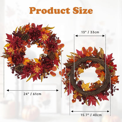 24" Artificial Fall Half Wreath for Front Door Autumn Wreath with Pumpkin Peony Eucalyptus Chrysanthemum and Ribbon for Halloween Thanksgiving Day Indoor Outdoor Farmhouse Window Wall Décor