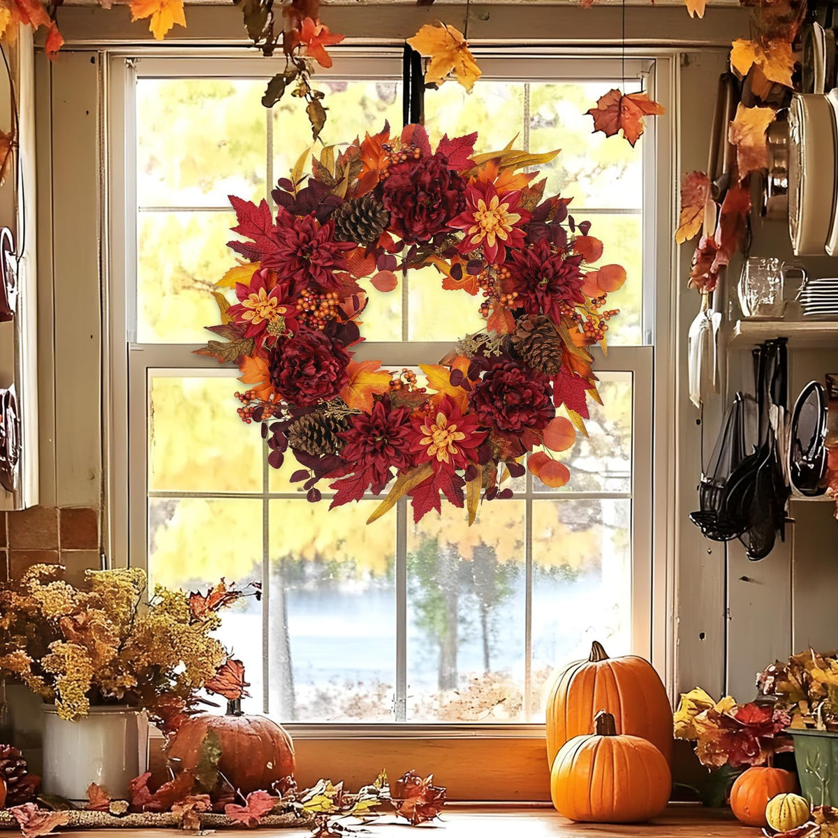 24" Artificial Fall Half Wreath for Front Door Autumn Wreath with Pumpkin Peony Eucalyptus Chrysanthemum and Ribbon for Halloween Thanksgiving Day Indoor Outdoor Farmhouse Window Wall Décor