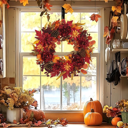 24" Artificial Fall Half Wreath for Front Door Autumn Wreath with Pumpkin Peony Eucalyptus Chrysanthemum and Ribbon for Halloween Thanksgiving Day Indoor Outdoor Farmhouse Window Wall Décor