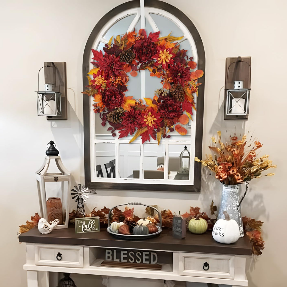24" Artificial Fall Half Wreath for Front Door Autumn Wreath with Pumpkin Peony Eucalyptus Chrysanthemum and Ribbon for Halloween Thanksgiving Day Indoor Outdoor Farmhouse Window Wall Décor