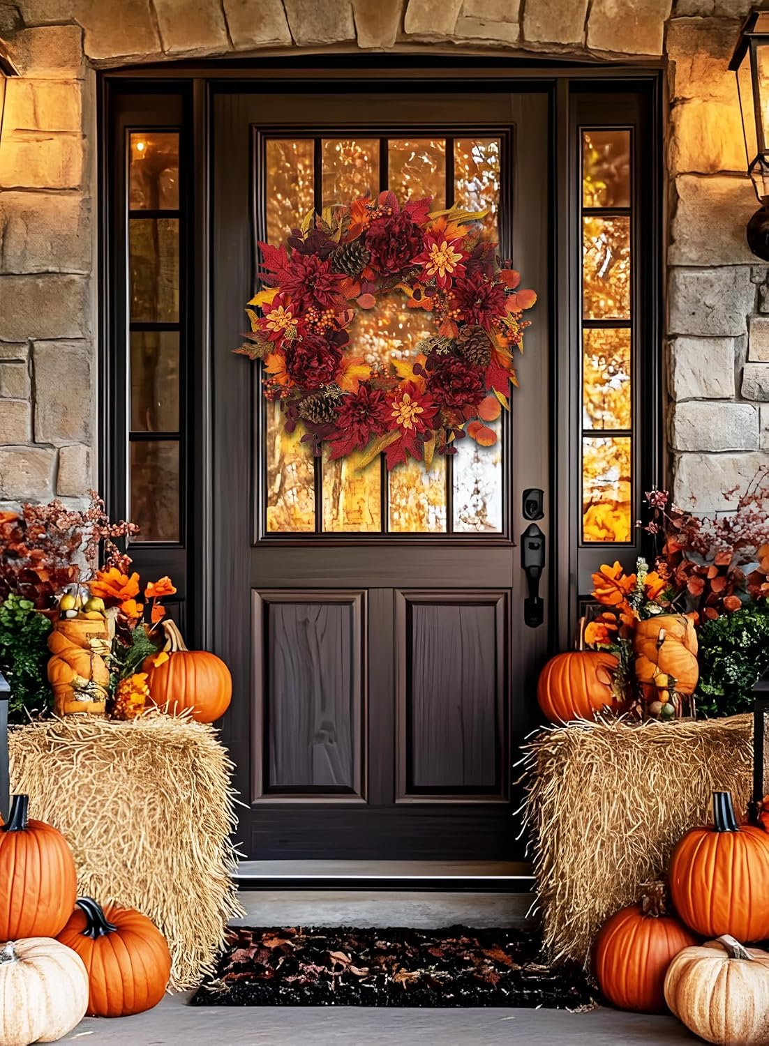 24" Artificial Fall Half Wreath for Front Door Autumn Wreath with Pumpkin Peony Eucalyptus Chrysanthemum and Ribbon for Halloween Thanksgiving Day Indoor Outdoor Farmhouse Window Wall Décor