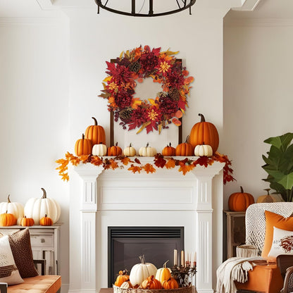 24" Artificial Fall Half Wreath for Front Door Autumn Wreath with Pumpkin Peony Eucalyptus Chrysanthemum and Ribbon for Halloween Thanksgiving Day Indoor Outdoor Farmhouse Window Wall Décor