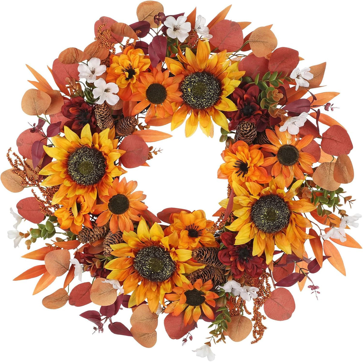 24" Artificial Fall Half Wreath for Front Door Autumn Wreath with Pumpkin Peony Eucalyptus Chrysanthemum and Ribbon for Halloween Thanksgiving Day Indoor Outdoor Farmhouse Window Wall Décor