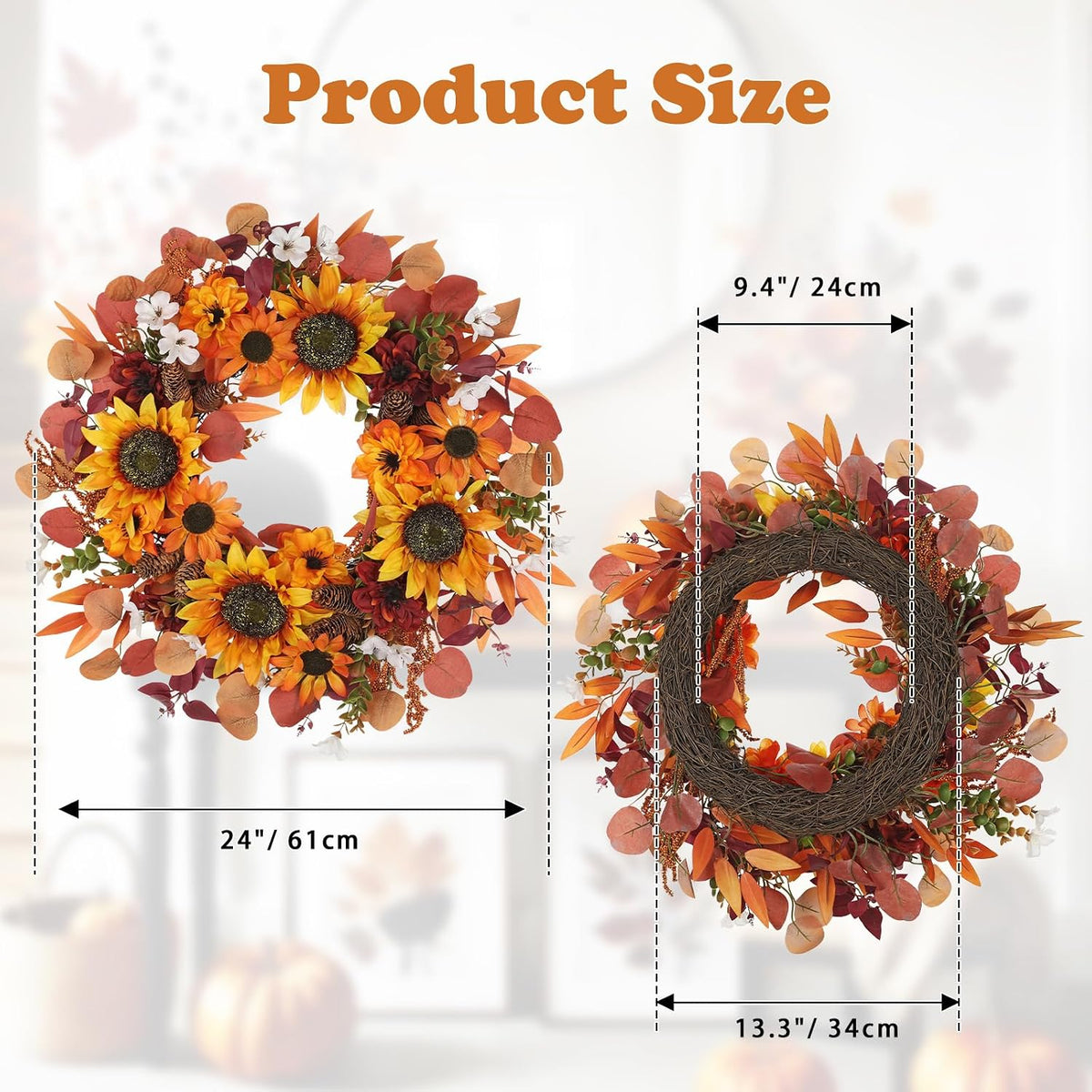 24" Artificial Fall Half Wreath for Front Door Autumn Wreath with Pumpkin Peony Eucalyptus Chrysanthemum and Ribbon for Halloween Thanksgiving Day Indoor Outdoor Farmhouse Window Wall Décor