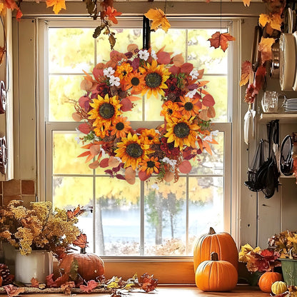 24" Artificial Fall Half Wreath for Front Door Autumn Wreath with Pumpkin Peony Eucalyptus Chrysanthemum and Ribbon for Halloween Thanksgiving Day Indoor Outdoor Farmhouse Window Wall Décor