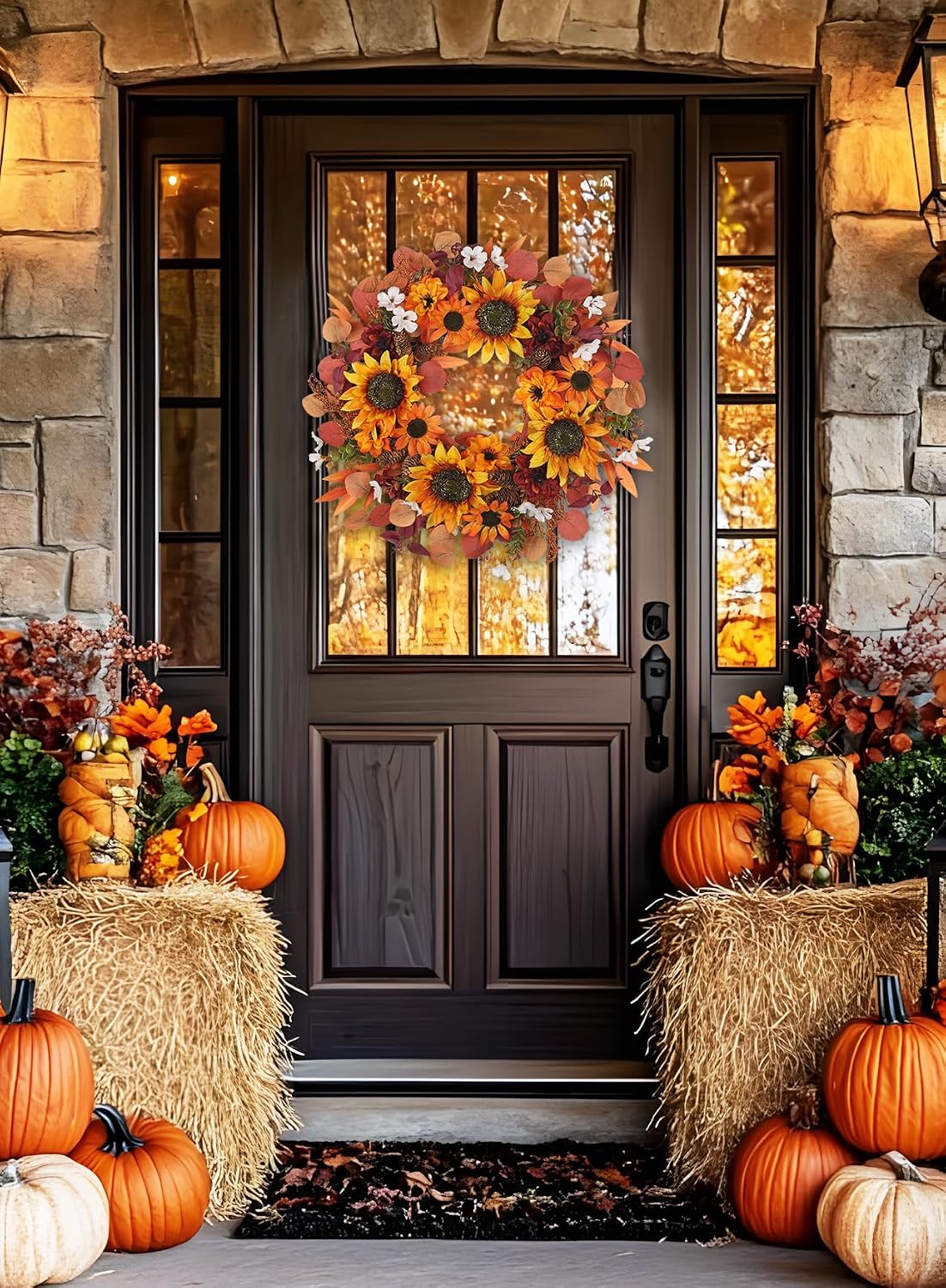 24" Artificial Fall Half Wreath for Front Door Autumn Wreath with Pumpkin Peony Eucalyptus Chrysanthemum and Ribbon for Halloween Thanksgiving Day Indoor Outdoor Farmhouse Window Wall Décor