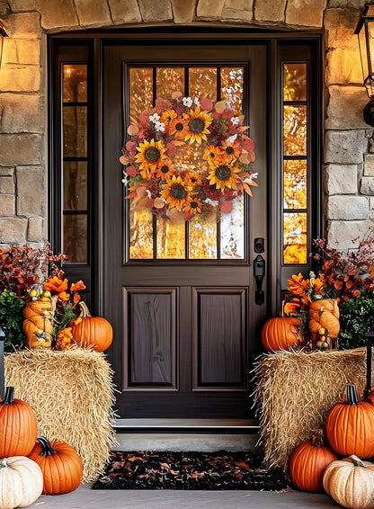 24" Artificial Fall Half Wreath for Front Door Autumn Wreath with Pumpkin Peony Eucalyptus Chrysanthemum and Ribbon for Halloween Thanksgiving Day Indoor Outdoor Farmhouse Window Wall Décor