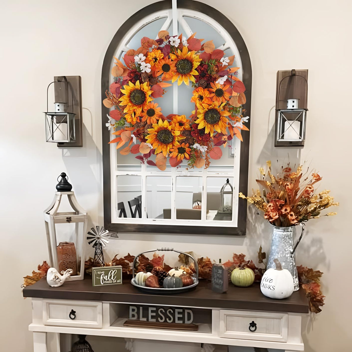 24" Artificial Fall Half Wreath for Front Door Autumn Wreath with Pumpkin Peony Eucalyptus Chrysanthemum and Ribbon for Halloween Thanksgiving Day Indoor Outdoor Farmhouse Window Wall Décor