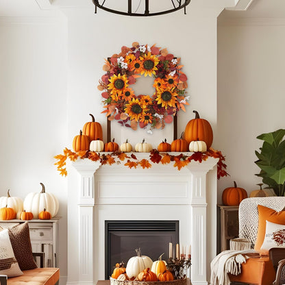 24" Artificial Fall Half Wreath for Front Door Autumn Wreath with Pumpkin Peony Eucalyptus Chrysanthemum and Ribbon for Halloween Thanksgiving Day Indoor Outdoor Farmhouse Window Wall Décor