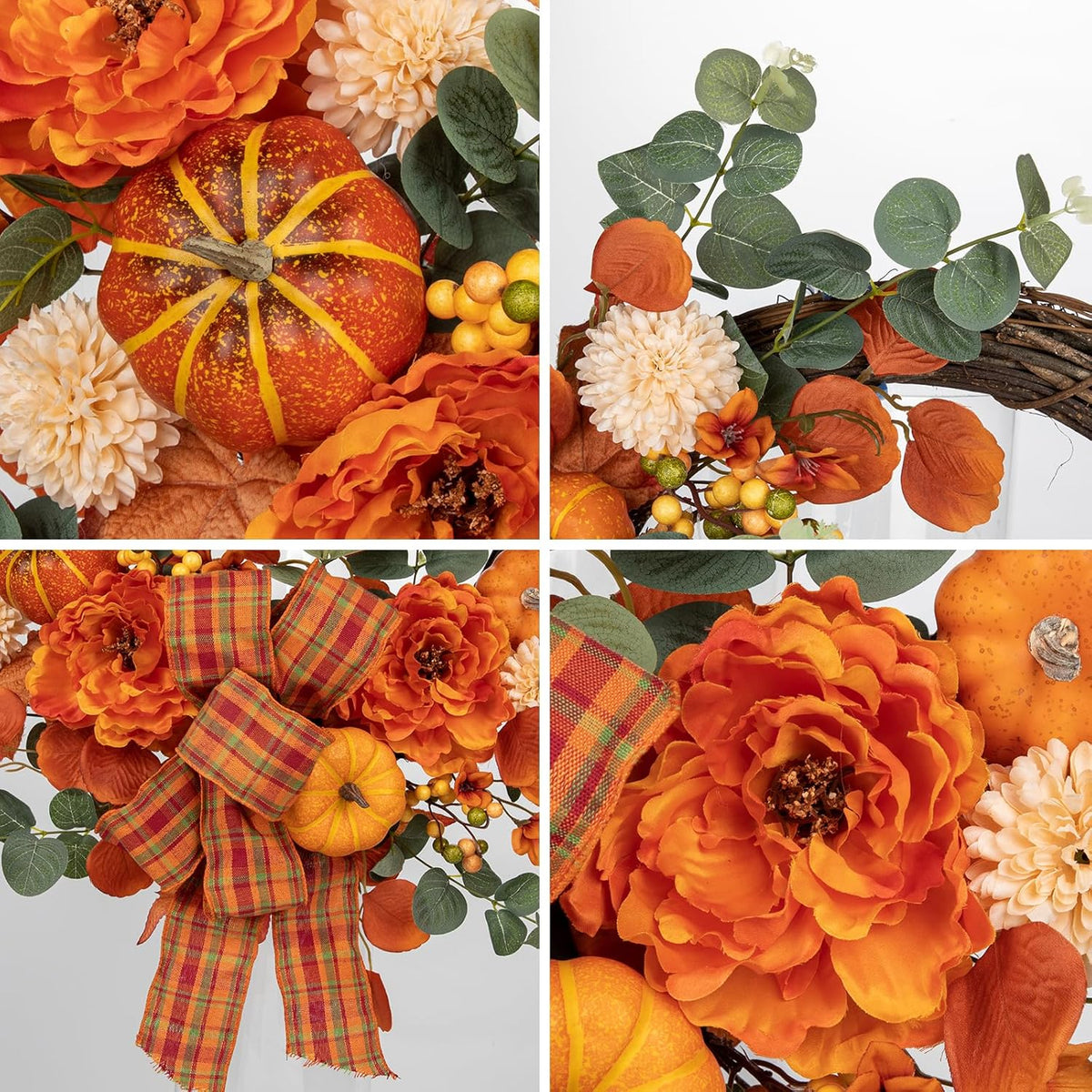 24" Artificial Fall Half Wreath for Front Door Autumn Wreath with Pumpkin Peony Eucalyptus Chrysanthemum and Ribbon for Halloween Thanksgiving Day Indoor Outdoor Farmhouse Window Wall Décor