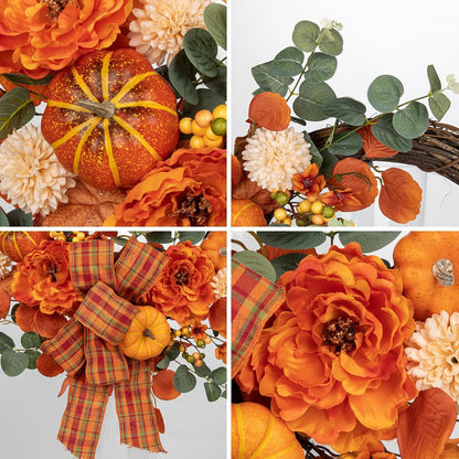 24" Artificial Fall Half Wreath for Front Door Autumn Wreath with Pumpkin Peony Eucalyptus Chrysanthemum and Ribbon for Halloween Thanksgiving Day Indoor Outdoor Farmhouse Window Wall Décor
