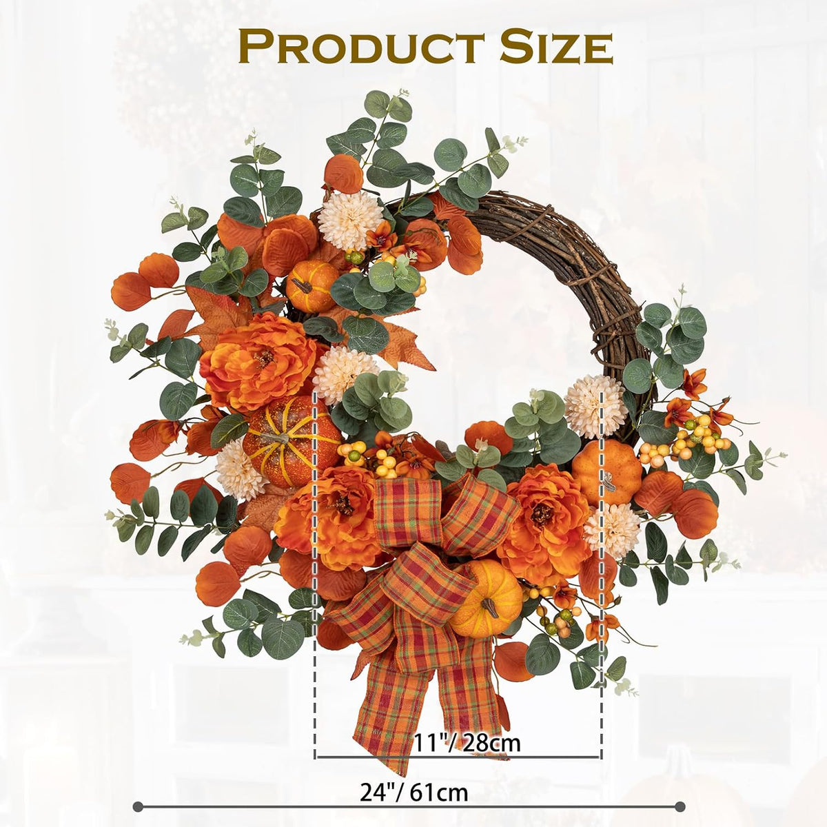 24" Artificial Fall Half Wreath for Front Door Autumn Wreath with Pumpkin Peony Eucalyptus Chrysanthemum and Ribbon for Halloween Thanksgiving Day Indoor Outdoor Farmhouse Window Wall Décor