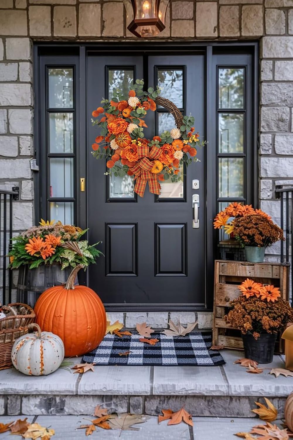 24" Artificial Fall Half Wreath for Front Door Autumn Wreath with Pumpkin Peony Eucalyptus Chrysanthemum and Ribbon for Halloween Thanksgiving Day Indoor Outdoor Farmhouse Window Wall Décor