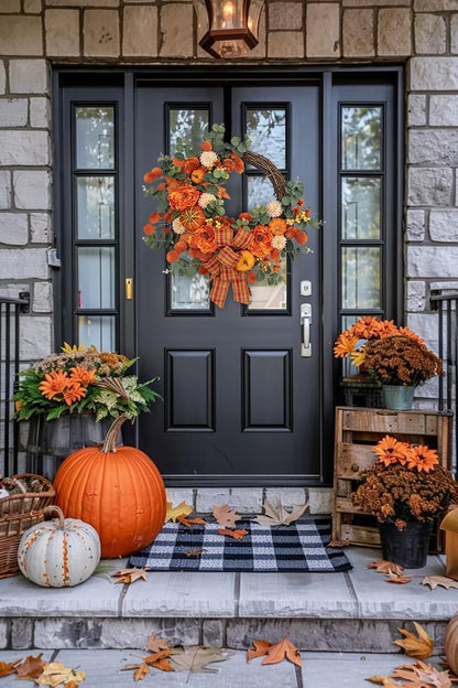 24" Artificial Fall Half Wreath for Front Door Autumn Wreath with Pumpkin Peony Eucalyptus Chrysanthemum and Ribbon for Halloween Thanksgiving Day Indoor Outdoor Farmhouse Window Wall Décor